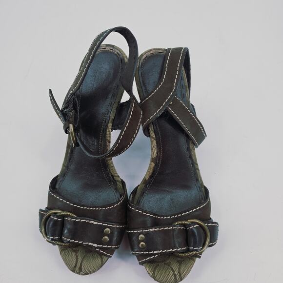 Coach Sheena Brown Leather & Wood Open Toe Heeled Platform Sandal Women's 8 B - Picture 8 of 14